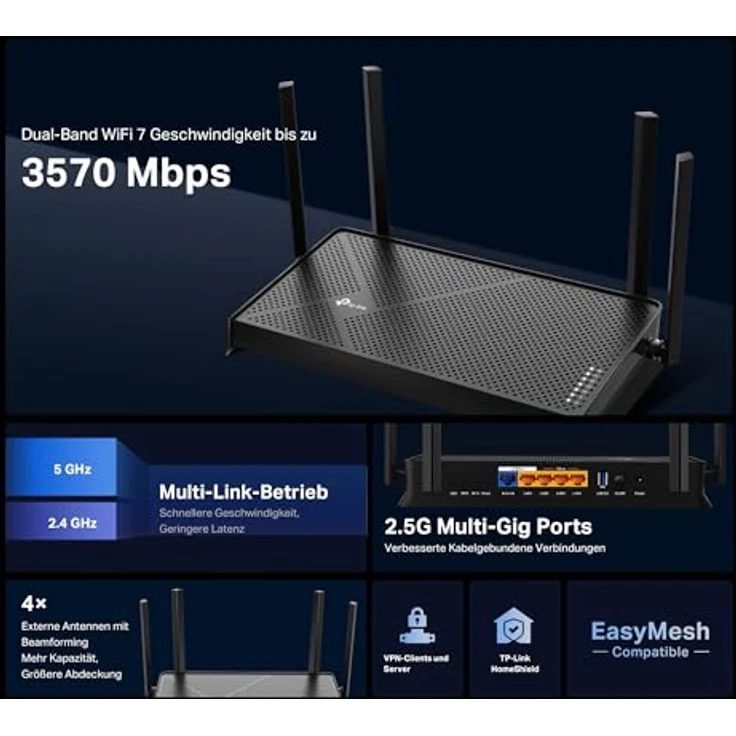 TP-Link Archer BE3600 WiFi 7 Router, Dual-Band 3570 Mbps, 2 x 2,5G-Ports, USB 3.0, EasyMesh, VPN-Clients und -Server, HomeShield – Bild 3