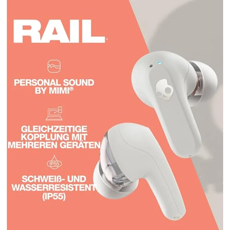 Skullcandy Rail Kabelloser In-Ear-Kopfhörer mit Skull-iQ App, Mikrofon, 42 Stunden Akkulaufzeit und Bluetooth für iPhone, Android und mehr – Knochen/Orange – Bild 2