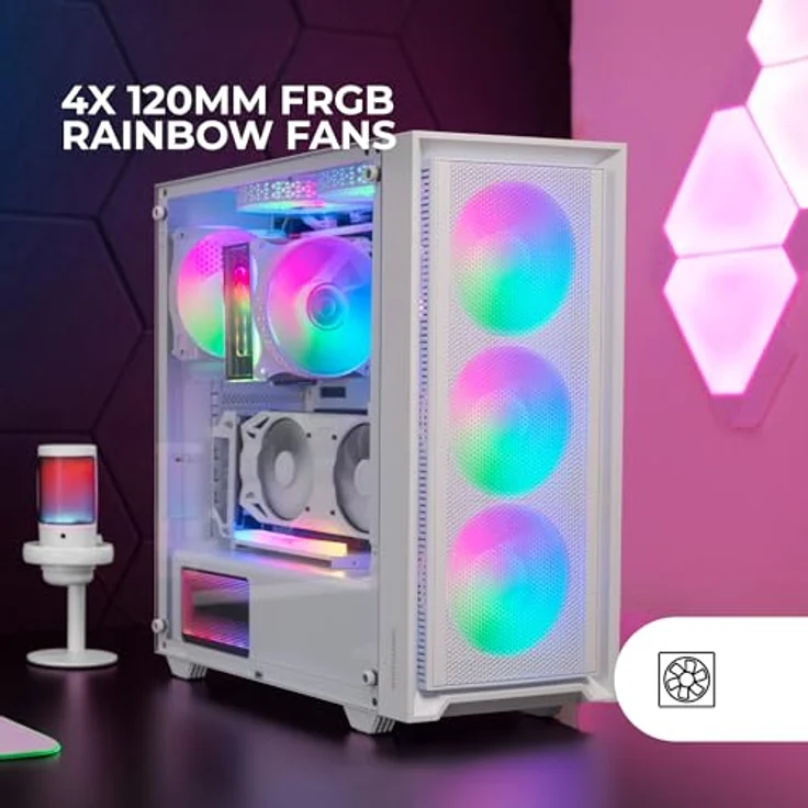 MARSGAMING MC-AIR, Gaming ATX-Gehäuse, 4X FRGB Rainbow 120mm Lüfter, Mesh-Frontpanel, Komplettes Seitliches Hartglasfenster, Doppelkammersystem, Unterstützung für Wasserkühlung, Weiß – Bild 3
