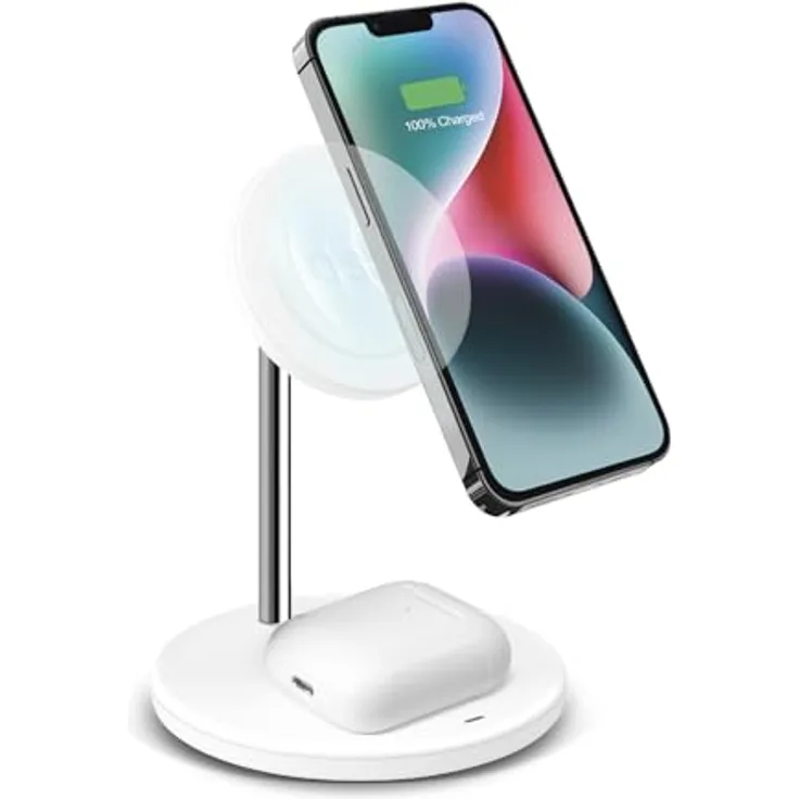 SBS Vertikale kabellose 2-in-1-Ladestation für iPhone und Android-Handys, Wireless Charger mit 15 W, Weiss