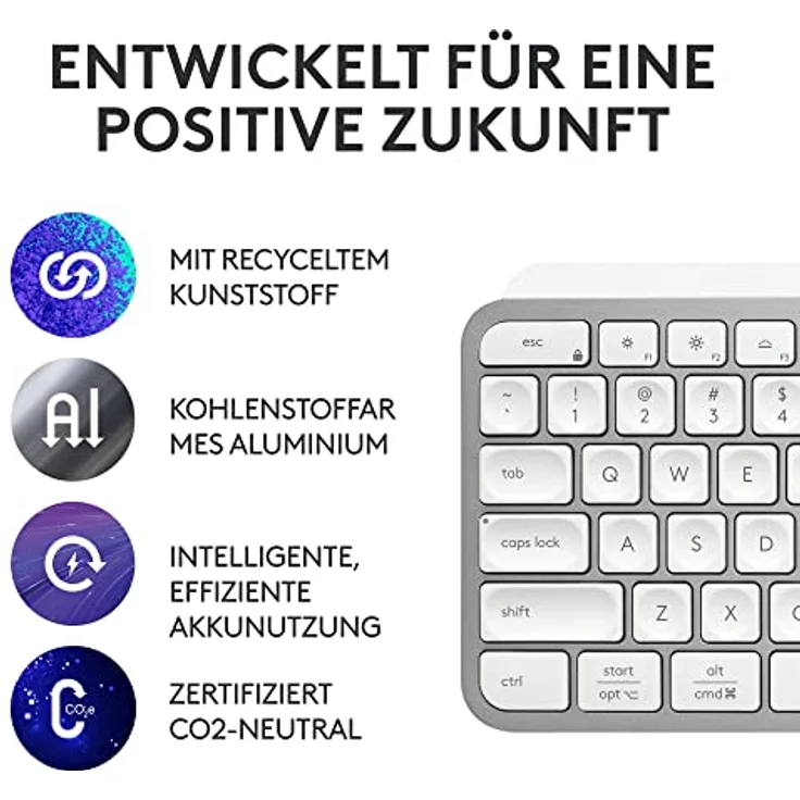 Logitech MX Keys S kabellose Tastatur, Low Profile, Fluid Quiet Typing, Programmable Keys, Backlighting, Bluetooth, USB C Rechargeable, für Windows PC, Linux, Chrome, Mac, Deutsches QWERTZ,Pale Grey – Bild 5