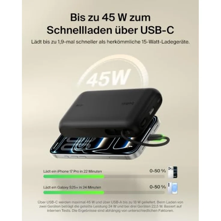 Belkin UltraCharge 20000mAh Power Bank mit integriertem USB-C-Kabel, 45 W Schnellladung und digitaler Anzeige – Schwarz – Bild 5