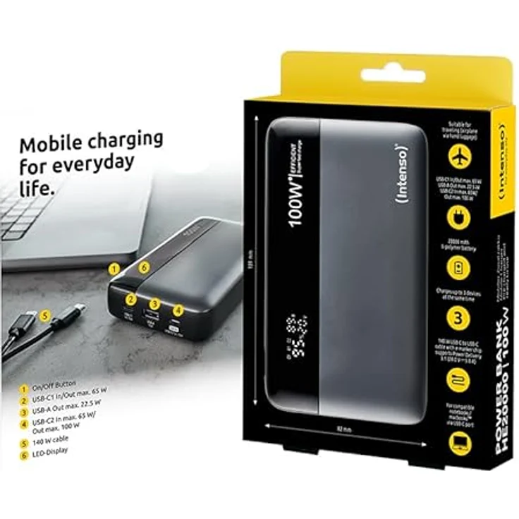 Intenso Powerbank HE20000, externer Akku mit Power Delivery (100W) & USB-C zu USB-C Ladekabel, 20000mAh, Grau-Schwarz – Bild 5
