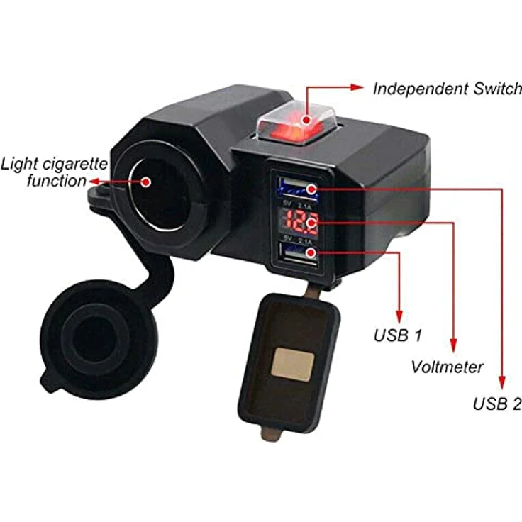 Bolwins D74C Motorrad USB Steckdose Zigarettenanzünder, wasserdicht mit 2x USB (5V/2,1A) und Spannungsanzeige, schwarz – Bild 6