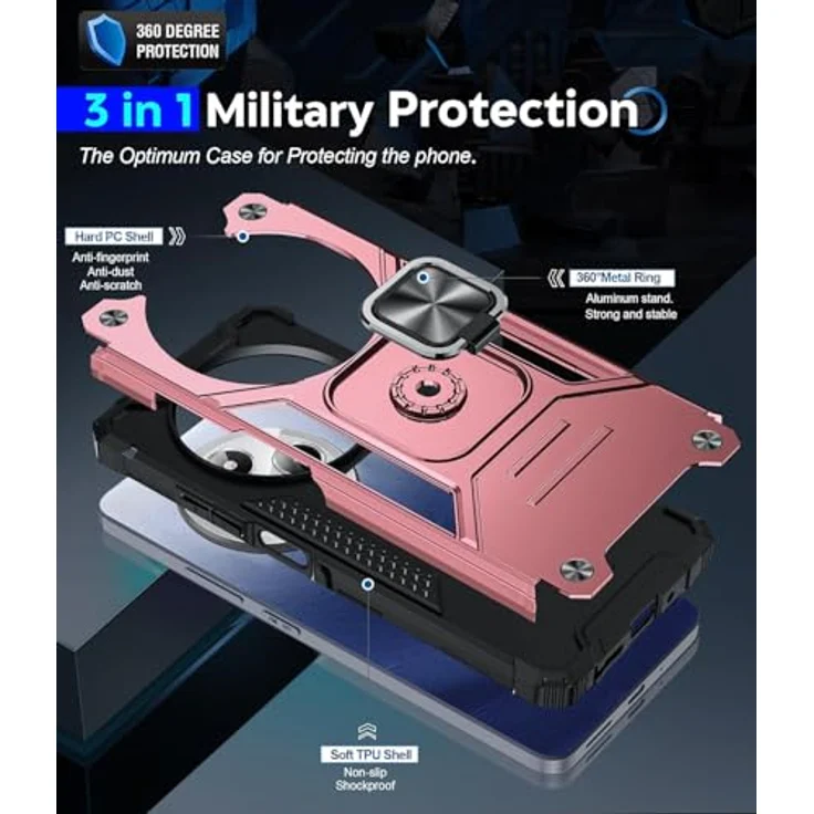 LeYi Handyhülle für Xiaomi Redmi 14C 4G/5G, Militärische Ständer Schutzhülle mit 2 Schutzfolien & 2 Kamerafolien, Stoßfest Hardcase mit 360° Metall Ring Halter, Rosegold – Bild 2