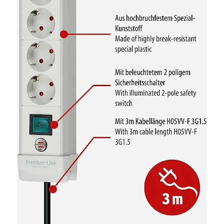 Brennenstuhl Premium-Line, Steckdosenleiste 6-fach (Steckerleiste mit Schalter und 3m Kabel- 45° Winkel der Schutzkontakt-Steckdosen, Made in Germany) grau – Bild 3