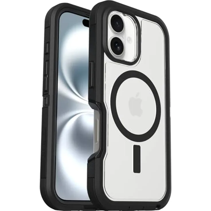 OtterBox Defender Series XT MagSafe Hülle für iPhone 16, stoßfest, Ultra-robust, 7X getestet nach Militärstandard, Transparent/Schwarz