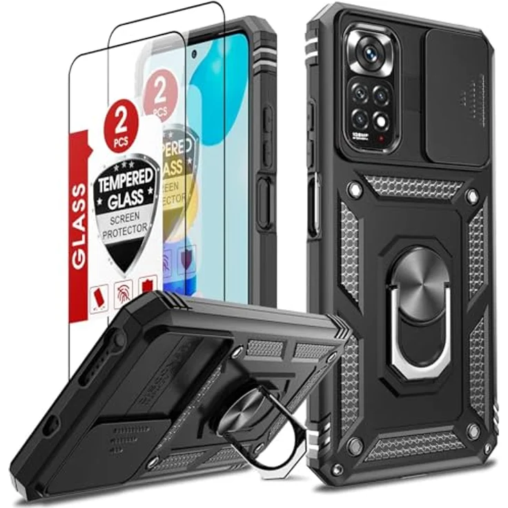 LeYi Kameraschieber Schutzhülle für Xiaomi Redmi Note 11/Note 11S, 6.43" mit 2*Schutzglas, Ringhalter Ständer, Militärische Rüstung - Schwarz – Bild 1
