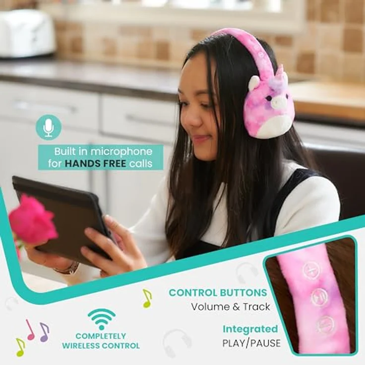 Squishmallows Lola the Unicorn, Bluetooth Kopfhörer mit Mikrofon, bis zu 6 Stunden Akkulaufzeit, rosa – Bild 5