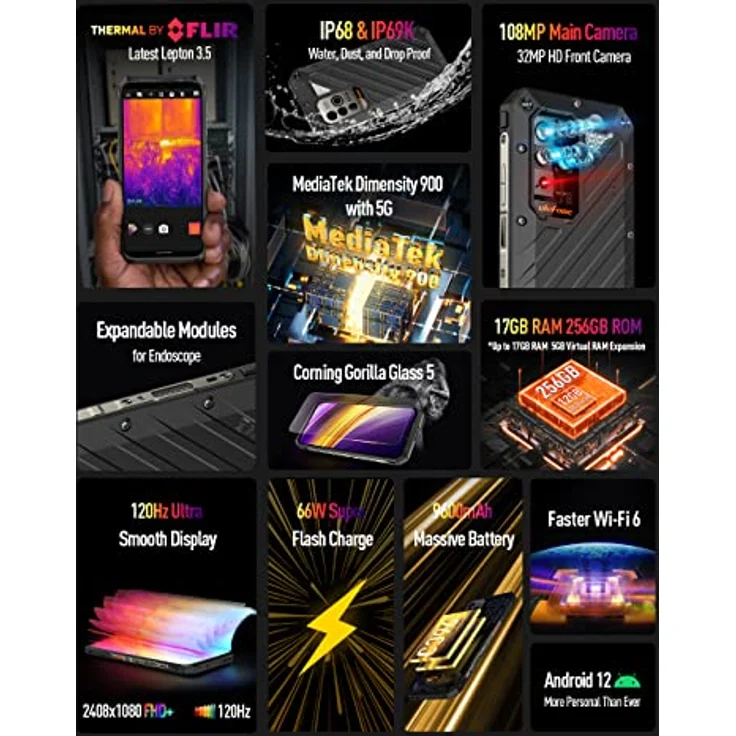 Ulefone Power Armor 18T 5G Wärmebildkamera (Lepton 3.5) Outdoor Smartphone Ohne Vertrag, 108MP Kamera, Dimensity 900 12GB+256GB, 6.58'' 120Hz FHD+, IP68 IP69K Android 12 Handy, 9600mAh Akku GPS NFC – Bild 2