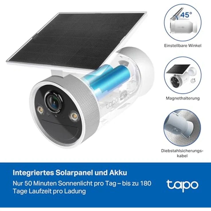 Tapo C465 Solar Außenkamera, 4K 8MP mit Farbnachtsicht, KI-Erkennung, 2-Wege-Audio, IP65, Magnethalterung, lokale Speicherung über microSD oder H500-Homebase – Bild 3