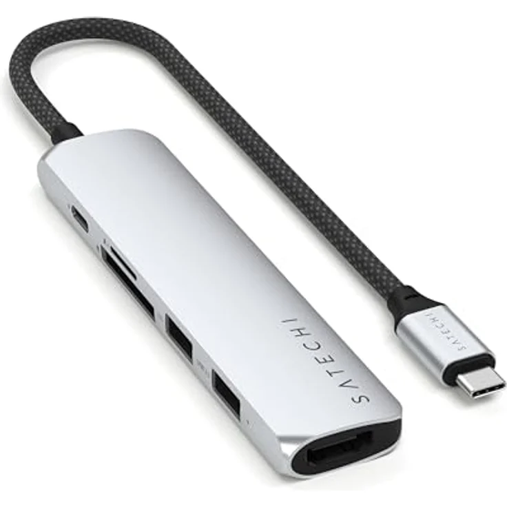 SATECHI 6-in-1 USB-C Hub Slim Plus, Multiport-Adapter, Dockingstation mit 4K HDMI, 100W Power Delivery, 2X USB-A, SD/MicroSD-Kartenleser – Silber – Bild 1