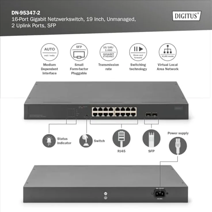 DIGITUS 19-Zoll PoE Netzwerk-Switch, 16-Port Gigabit + 2-Port Gigabit SFP, unmanaged, 250W PoE, VLAN, schwarz – Bild 2