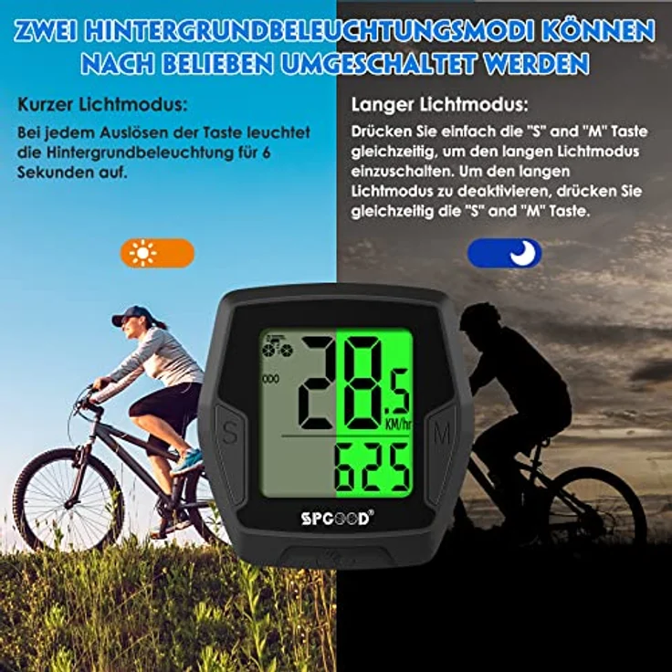 SPGOOD Fahrradcomputer Kabellos, 21 Funktionen, IP54 Wasserdicht, Hintergrundbeleuchtetes Display, Automatischer Start/Stopp, HD-Tacho mit Langzeitbatterie und Aerodynamischem Design – Bild 4
