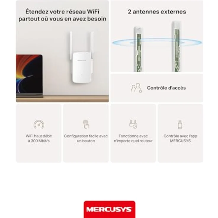 Mercusys ME12 WLAN Verstärker & Repeater, 300 Mbit/s, 2 × externe Antennen, App-Steuerung, Zugriffskontrolle, kompatibel mit allen gängigen WLAN-Geräten – Bild 5