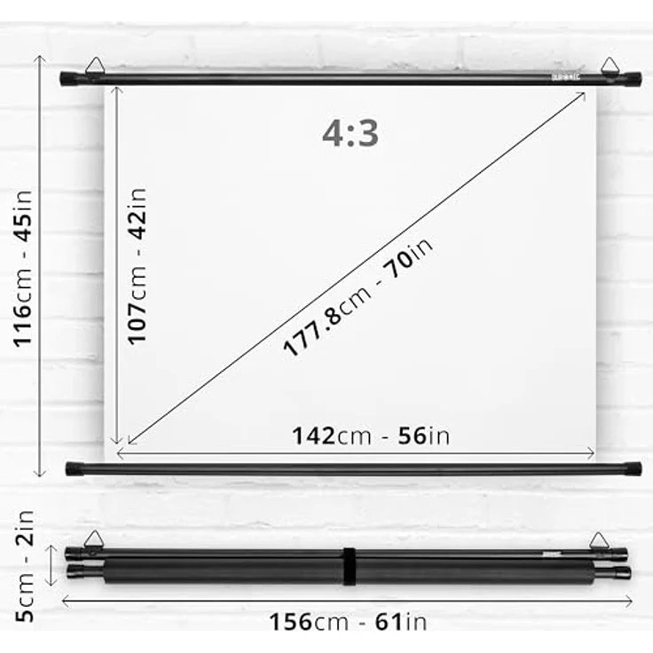 Duronic BPS70, 70 Zoll 4:3 Projektor-Leinwand mit 4K Full HD 3D, Rollo-Leinwand 1.0 Gain, Wandmontage für Heimkino und Büro – Bild 2