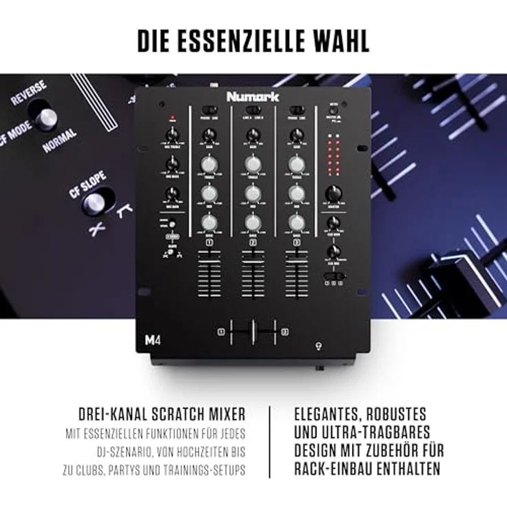 Numark M4 - 3-Kanal DJ-Scratch-Mixer, rack-einbaufähig, mit 3-Band-Equalizer, für die Disco ausgelegten Eingängen, Mikrofon-Eingang, austauschbarem Crossfader und Reverse--Slope-Reglern – Bild 2