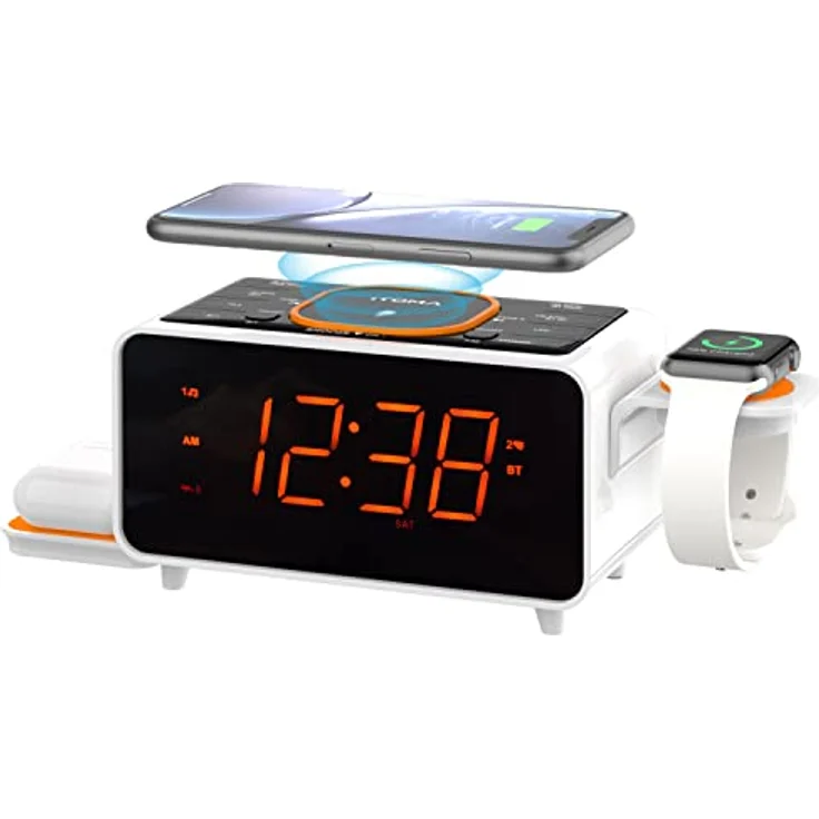 Dual Wireless Charging Radiowecker mit Bluetooth Lautsprecher, FM Radio, Zwei USB Port, Dual Alarm, Snooze, Nachtlicht, Auto manuelle Dimmer Steuerung und 1.4" Orange Display iTOMA CKS209 – Bild 1