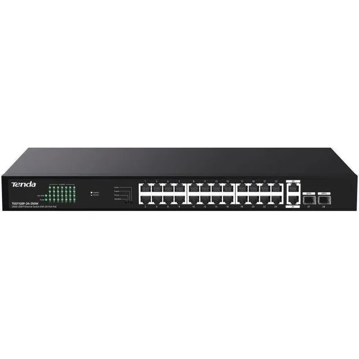 Tenda TEG1128P-24-250W, Unmanaged Netzwerk-Switch mit 26 Ports (24 RJ45, 2 SFP+), PoE+ Unterstützung bis 30W pro Port, hohe Switching-Kapazität von 56 Gbit/s
