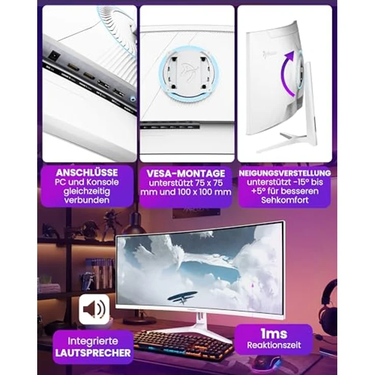 Arozzi Nova 34", Curved Gaming Monitor mit VA-Panel, 165Hz, Ultrawide QHD 1440p, Adaptive Sync, HDR10, flimmerfrei, 90% sRGB, weiß – Bild 3