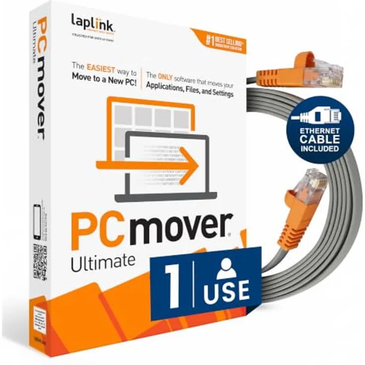 Laplink Software PCmover Ultimate 11, Datenübertragungssoftware für Anwendungen, Dateien und Einstellungen, inklusive Ethernet-Kabel, 1 Verwendung