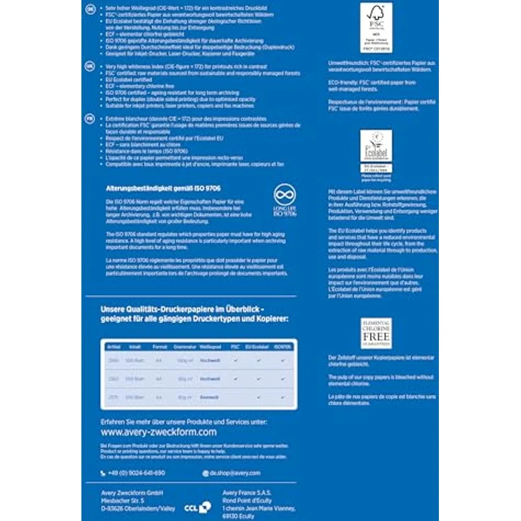Avery Zweckform 2563 Drucker--Kopierpapier (500 Blatt, 90 g-m², DIN A4 Papier, hochweiß, für alle Drucker) 1 Pack - Preisvergleich – Bild 2