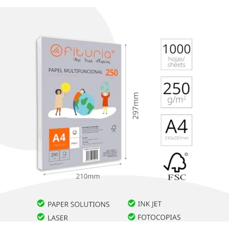 OFITURIA Multifunktionales DIN A4 Druckerpapier, 1000 Blatt, 250g, weiß, für Laser- und Tintenstrahldrucker – Bild 2