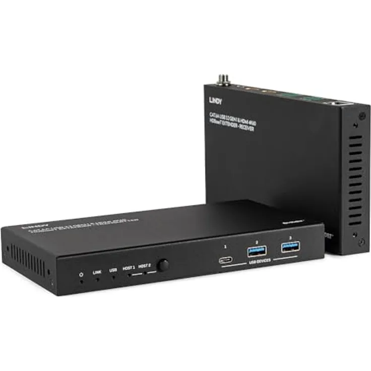 LINDY 100m Cat.6A 2 Host USB 3.2 Gen 1 & HDMI 4K60 HDBaseT, Netzwerkadapter mit 480 Mbit/s Datenrate, robustes Metallgehäuse, zertifiziert nach CE, UKCA, FCC, RoHS, REACH