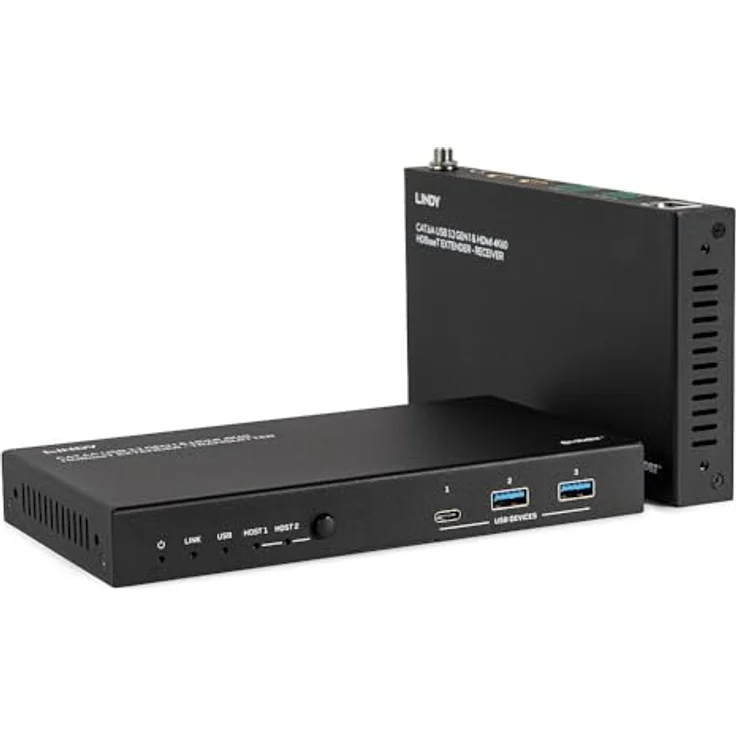 LINDY 100m Cat.6A 2 Host USB 3.2 Gen 1 & HDMI 4K60 HDBaseT, Netzwerkadapter mit 480 Mbit/s Datenrate, robustes Metallgehäuse, zertifiziert nach CE, UKCA, FCC, RoHS, REACH – Bild 1