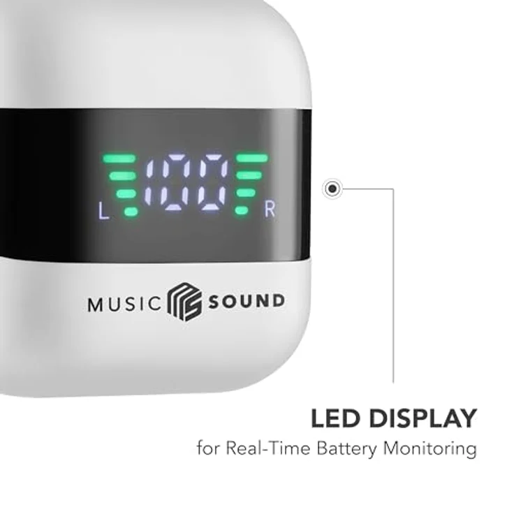 Music Sound Spark TWS Kopfhörer, Bluetooth, Wireless, LED-Display, 30 Stunden Wiedergabe, automatisches Pairing, Touch-Steuerung, Weiß – Bild 3