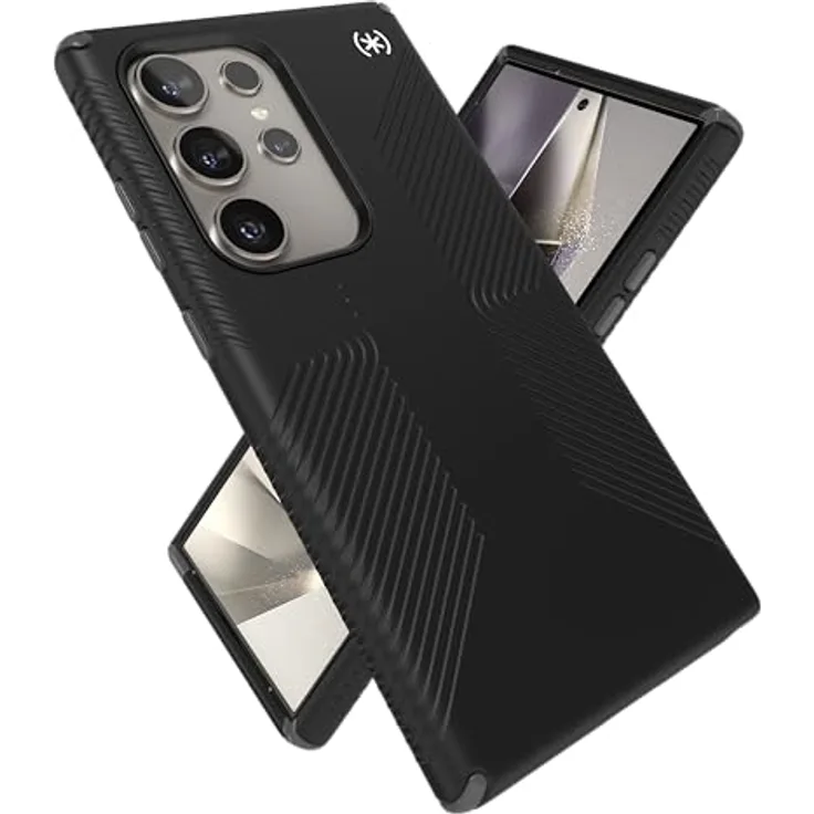 Speck Presidio 2 Grip Schutzhülle für Samsung Galaxy S24 Ultra, fall- und kameraschutz, stoßdämpfend, kabelloses Laden, hygienische Oberfläche, schwarz