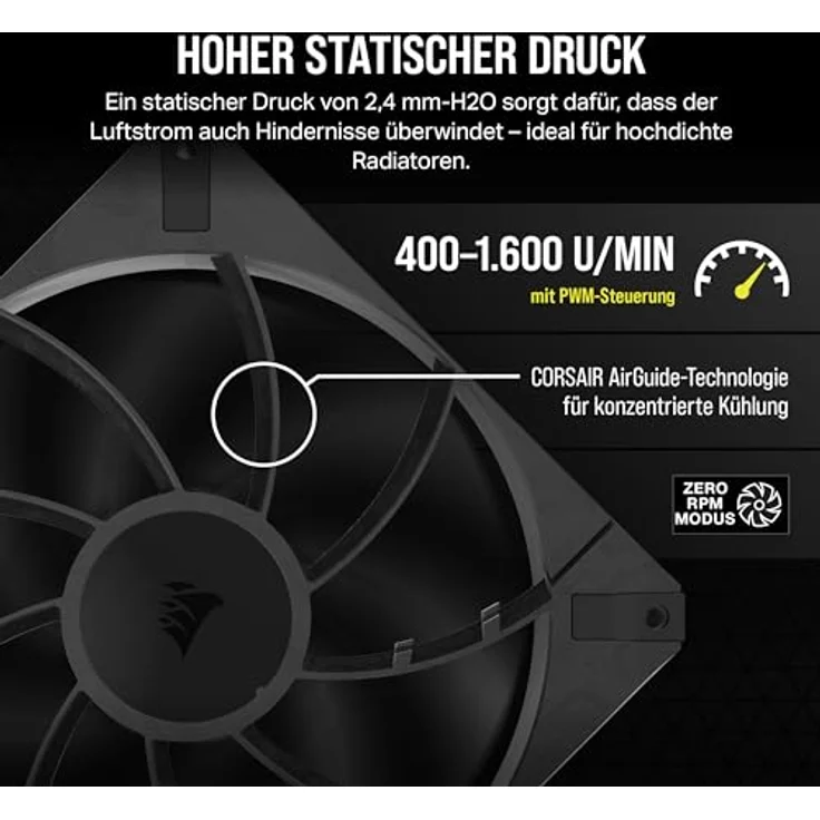 CORSAIR RS140 MAX 140mm-PWM-Dicker-Lüfter – Hoher Statischer Druck – Flüssigkristallpolymer-Konstruktion – Einzelpackung – Schwarz – Bild 4
