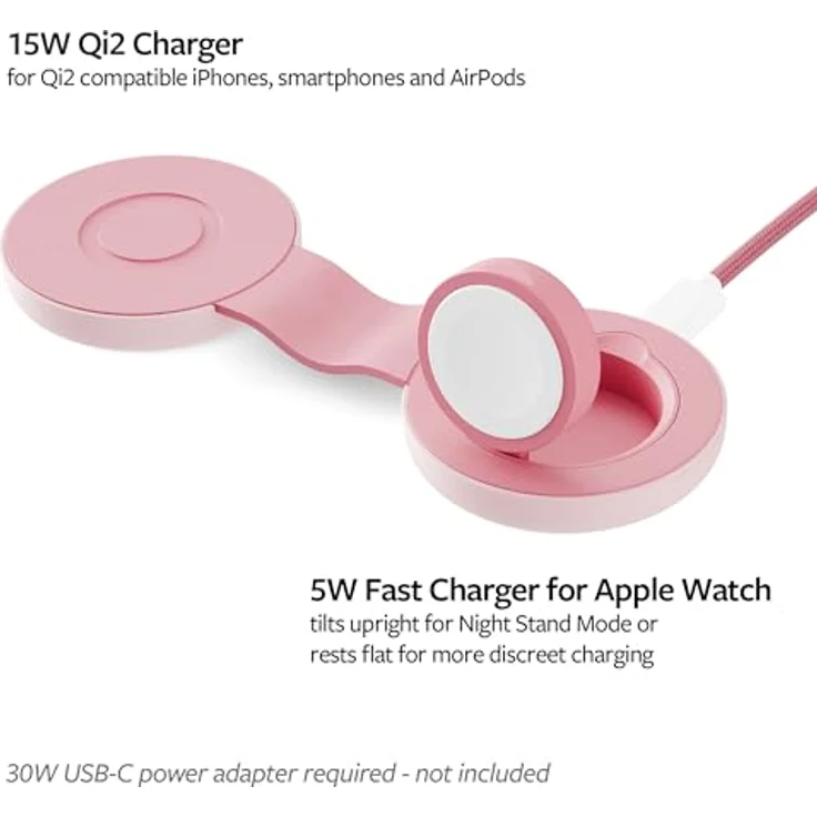 Twelve South Butterfly SE 2-in-1 Qi2 Reise-Ladegerät für iPhone, Airpods und Apple Watch, Rosa - Kabelloses Ladegerät für iPhone und Apple Watch, Ultra-kompakt und MagSafe kompatibel – Bild 2