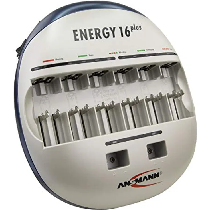 ANSMANN Energy 16 Plus Akku Ladegerät - Ladestation für AAA, AA, C, D, 9V E-Block & USB - Schnellladegerät als Pflegestation & Kapazitätstester mit Refresh Funktion - Batterieladegerät NiMH Akkus