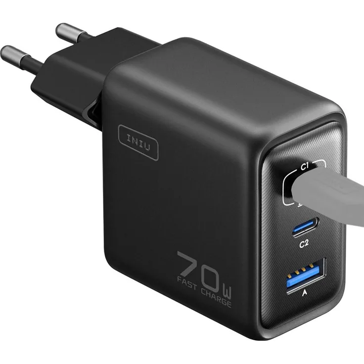 INIU 70W GaN Ladegerät, 2x USB-C und USB-A, Klappstecker, Schwarz