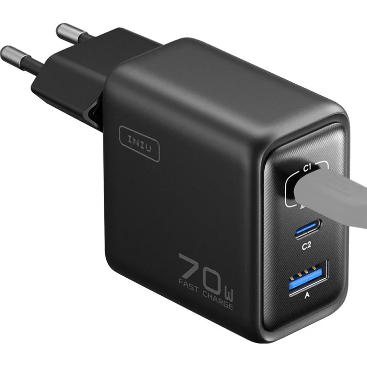 INIU 70W GaN Ladegerät, 2x USB-C und USB-A, Klappstecker, Schwarz