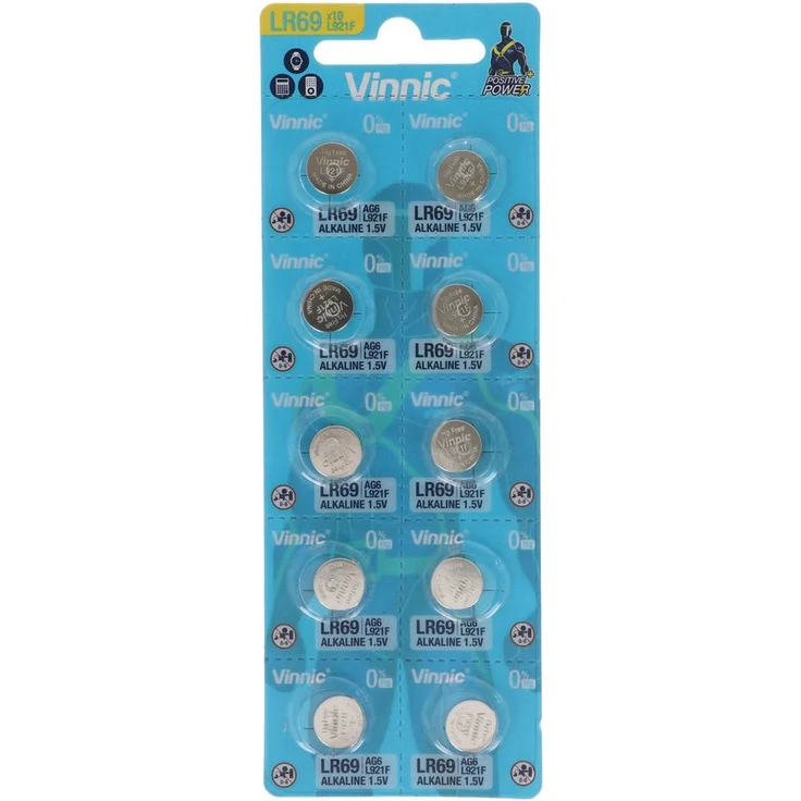 VINNIC 10er Pack Knopfzelle AG6, LR921, LR69, V371, SR69, L912 F, L912F Batterie, Alkaline, 1,5 Volt, 10er Set – Bild 1