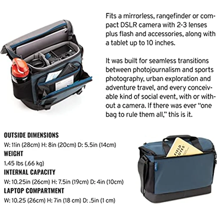Tenba DNA 9 Slim Messenger Bag, Kameratasche für spiegellose und DSLR-Kameras mit wasserdichtem Boden, Blau – Bild 3