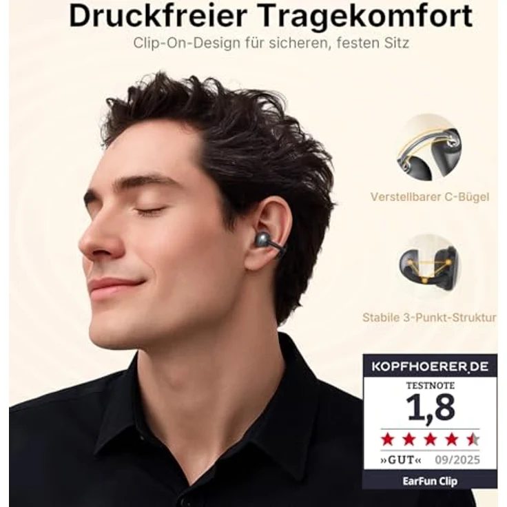 EarFun Clip Open Ear Kopfhörer, Bluetooth 6, 10.8 mm Carbon-Treiber, Hi-Res Audio, LDAC, 40 Std. Akku, IP55, Clip-On Design, komfortabler Sitz, klare Anrufe – Bild 2