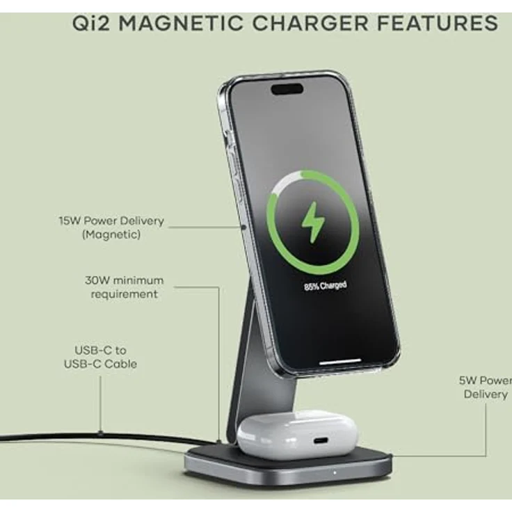 Satechi 2-in-1 Foldable Qi2 Wireless Charging Stand (15 W), Grau – Bild 2
