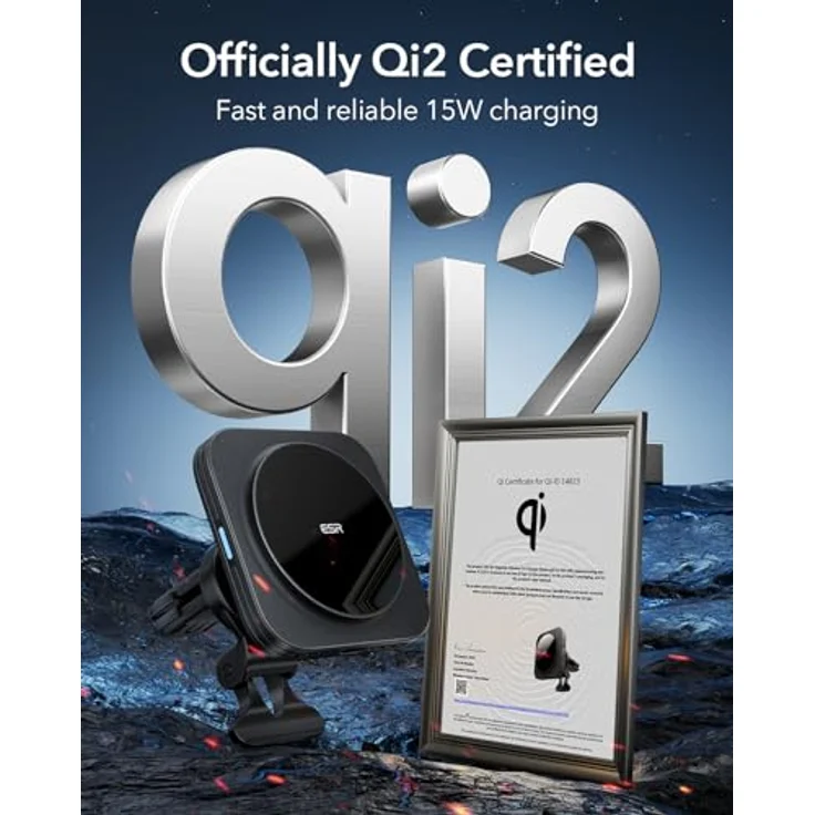 ESR für 15W MagSafe Autoladegerät, Qi2 zertifiziertes Laden, magnetisches kabelloses Autoladegerät für Lüftungsschlitze/Armaturenbrett, Handyhalterung für iPhone 15/14/13, Schnellladung, Schwarz – Bild 4