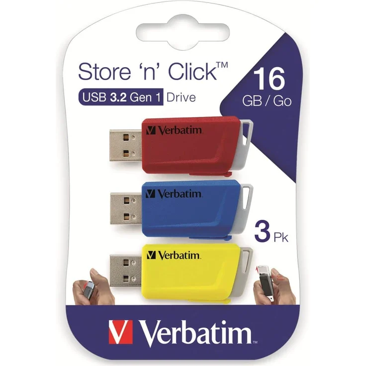 Verbatim Store 'n' Click USB-Stick - 3x 16 GB, USB 3.2 Gen. 1, Verriegelungsmechanismus zum Klicken, rot-blau-gelb – Bild 6