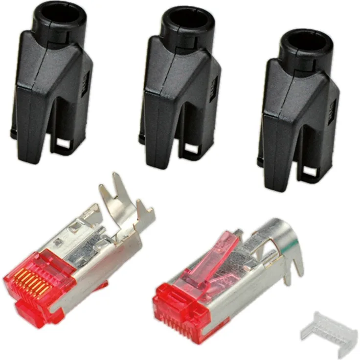EFB-Elektronik GmbH RJ45-Hirose Stecker STP, TM21 schwarz, 50 Stück, 3 Elemente, Cat. 6, Channel Class E bis 250 MHz (Cat.6) für Litzen Geschirmte Ausführung Aderisolierung ca. 0.9 - 1.0 mm Kabeldurchmesser max. 6.6 mm Das Set besteht 