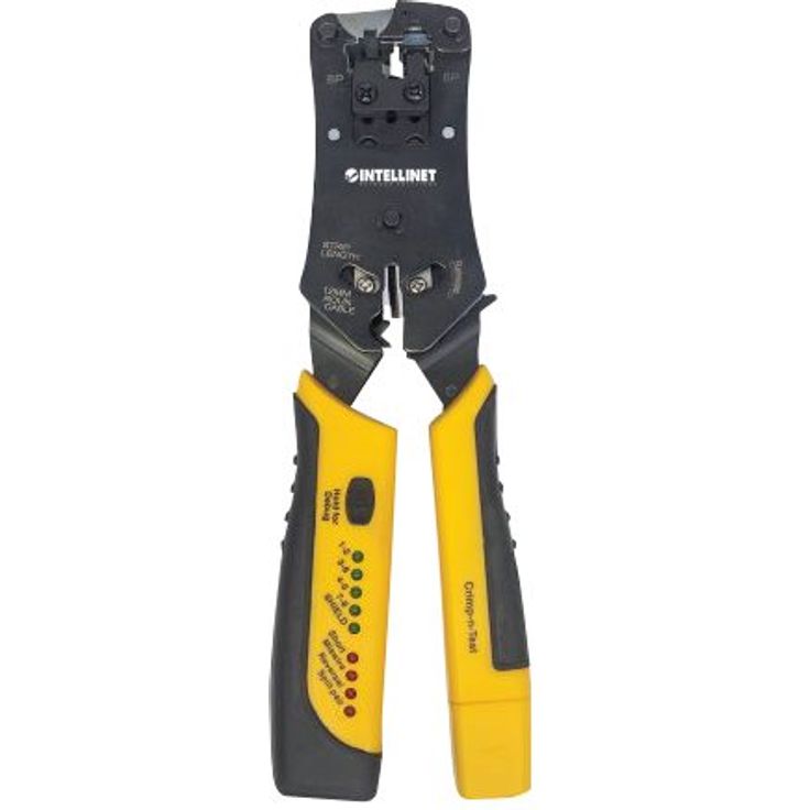 Intellinet 780124 Universal Crimpwerkzeug und Kabeltester 2-in-1-Werkzeug zum Schneiden Abisolieren Crimpen Testen schwarz gelb – Bild 2
