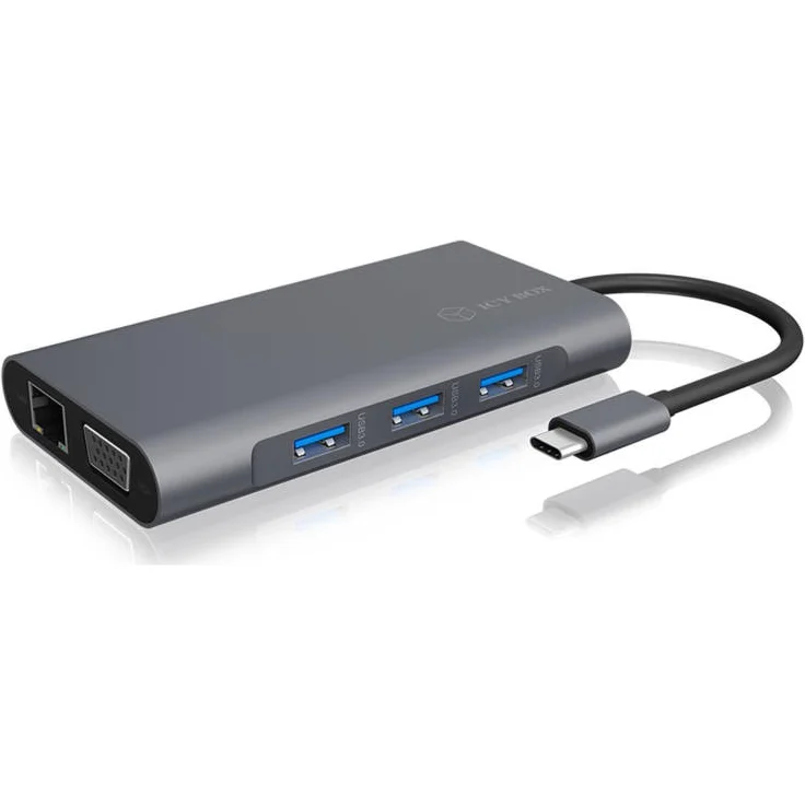 ICY BOX USB-C Dock mit HDMI, USB 3.0 Hub, Power Delivery, LAN, Kartenleser, Audio, VGA für MacBook und Laptop, Aluminium – Bild 3