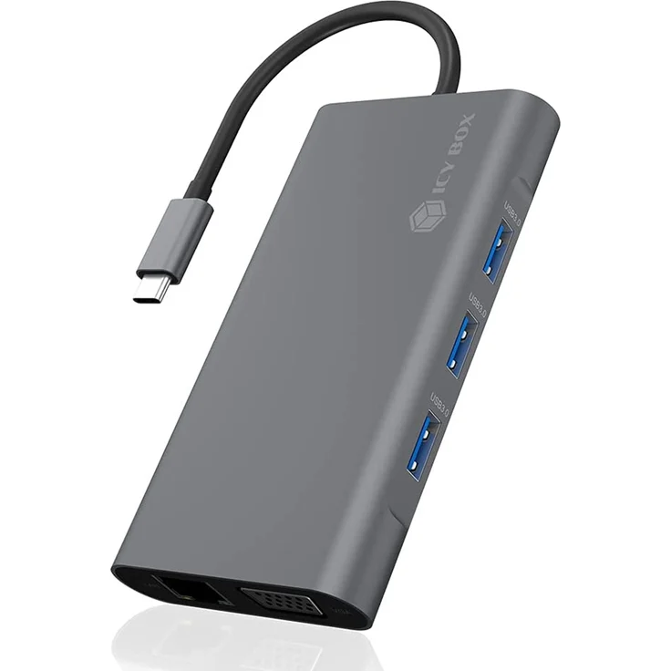 ICY BOX USB-C Dock mit HDMI, USB 3.0 Hub, Power Delivery, LAN, Kartenleser, Audio, VGA für MacBook und Laptop, Aluminium – Bild 2