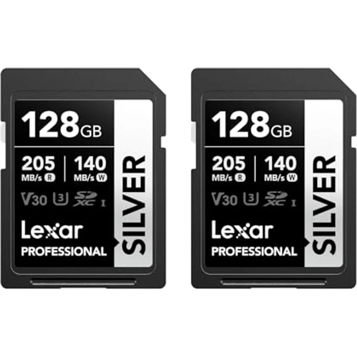 Lexar Silver SD Karte 128GB 2-Pack, UHS-I SDXC, 205 MB/s Lesegeschwindigkeit, 140 MB/s Schreibgeschwindigkeit, V30, U3, C10, 4K UHD Video, Lebenslange Datenwiederherstellung – Bild 1