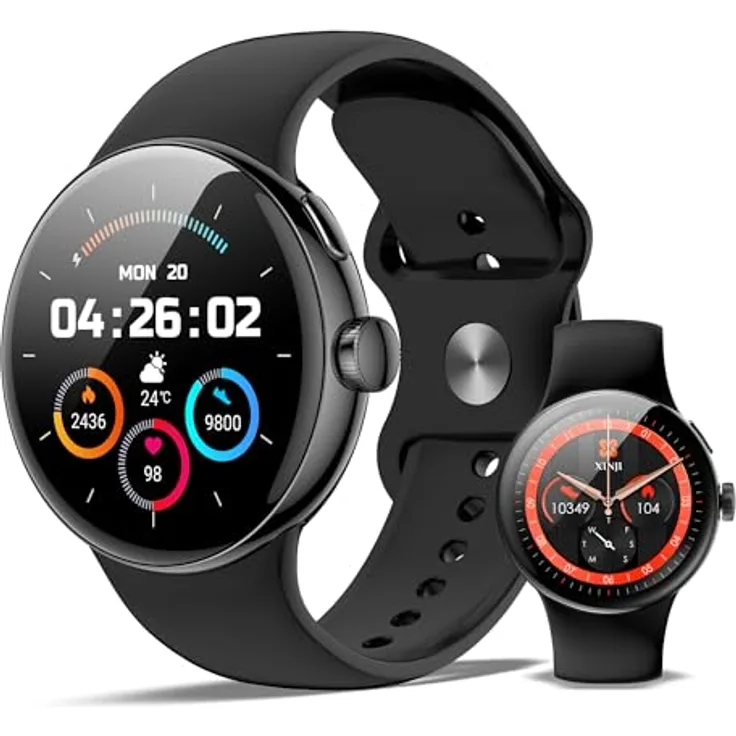 XINJI SmartWatch N2, Bluetooth Fitnessuhr mit AMOLED Touchpanel, Puls-/HRV-/Blutsauerstoff-Messung, Schlafmonitor, Musikspeicher, Kalorien-/Schrittzähler, Benachrichtigungsfunktion, wasserdicht, schwarz