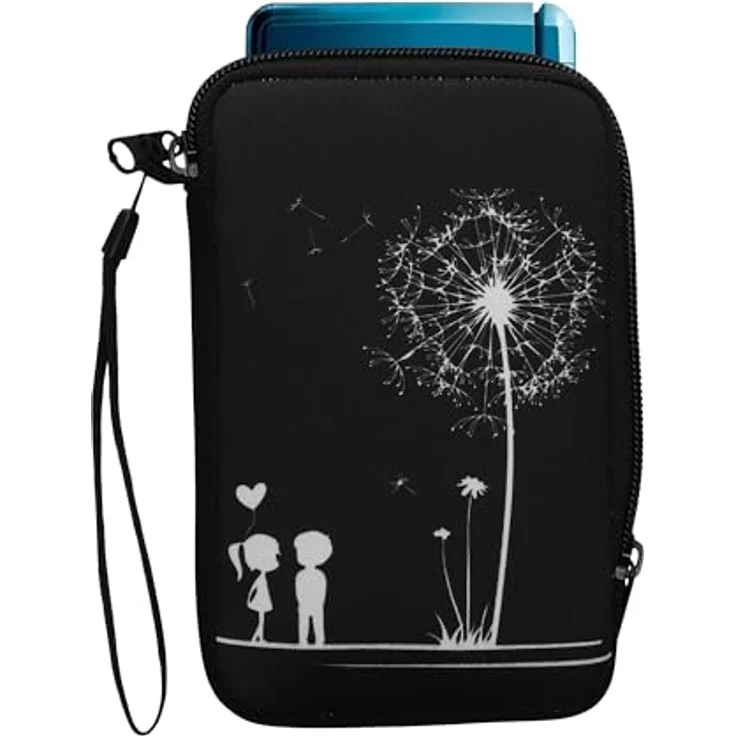 kwmobile Tasche für Nintendo 3DS XL, Neopren Hülle mit Pusteblume Love Design in Weiß Schwarz, wasserabweisend und mit Reißverschluss – Bild 1