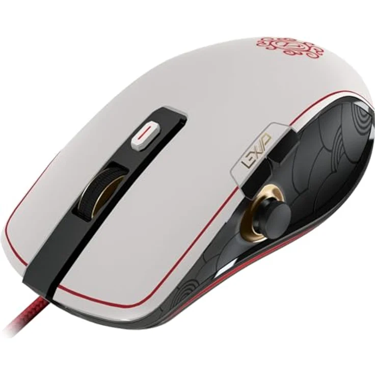 Lexip X UBISOFT Assassins Creed Shadows Mouse, Kabelgebundene Gaming-Maus mit Daumenjoystick, Weiss, Rot, Gold, Schwarz – Bild 2